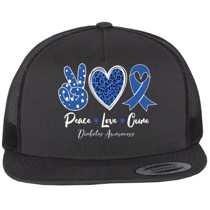 Peace Love Cure Diabetes Awareness Diabetic Blue Ribbon Flat Bill Trucker Hat