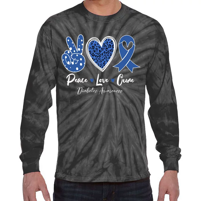 Peace Love Cure Diabetes Awareness Diabetic Blue Ribbon Tie-Dye Long Sleeve Shirt