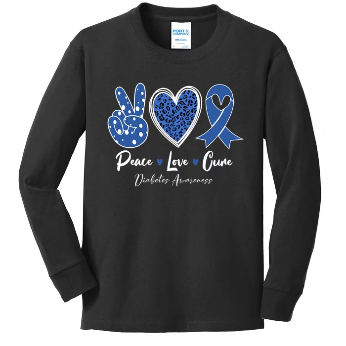 Peace Love Cure Diabetes Awareness Diabetic Blue Ribbon Kids Long Sleeve Shirt