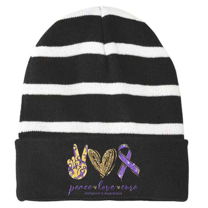 Peace Love Cure Alzheimers Awareness Striped Beanie with Solid Band