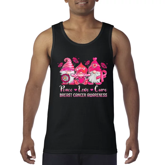 Peace Love Cure Gnomes Pink Ribbon Breast Cancer Awareness Tank Top