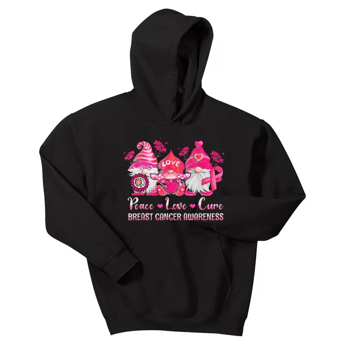 Peace Love Cure Gnomes Pink Ribbon Breast Cancer Awareness Kids Hoodie