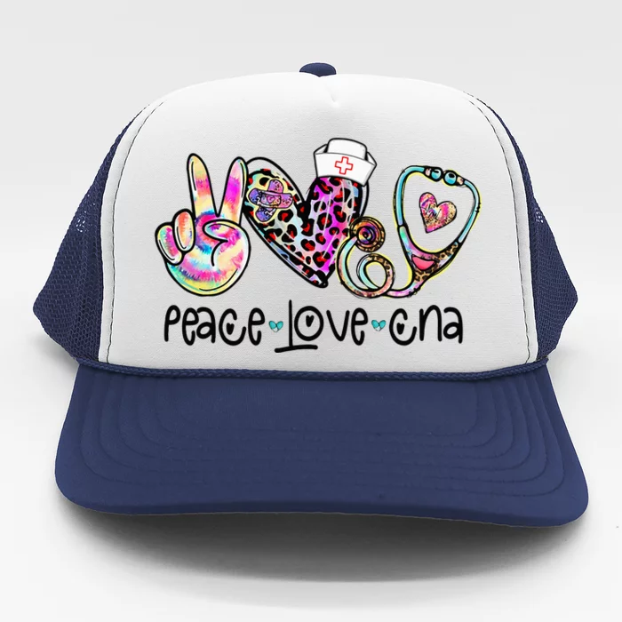 Peace Love CNA Leopard Heart Stethoscope Nursing Nurse Life Trucker Hat