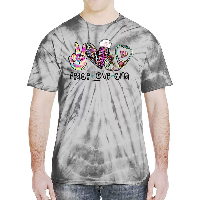 Peace Love CNA Leopard Heart Stethoscope Nursing Nurse Life Tie-Dye T-Shirt