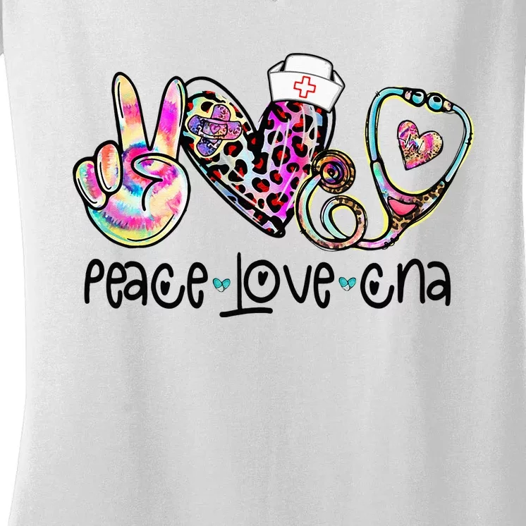 Peace Love CNA Leopard Heart Stethoscope Nursing Nurse Life Women's V-Neck T-Shirt