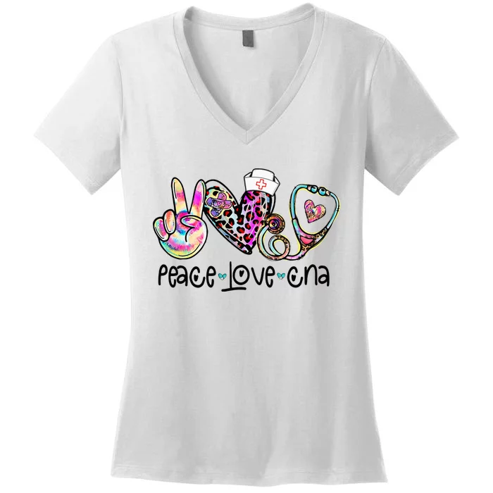 Peace Love CNA Leopard Heart Stethoscope Nursing Nurse Life Women's V-Neck T-Shirt