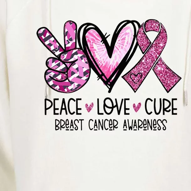 Peace Love Cure Pink Ribbon Cancer Breast Awareness Womens Funnel Neck Pullover Hood