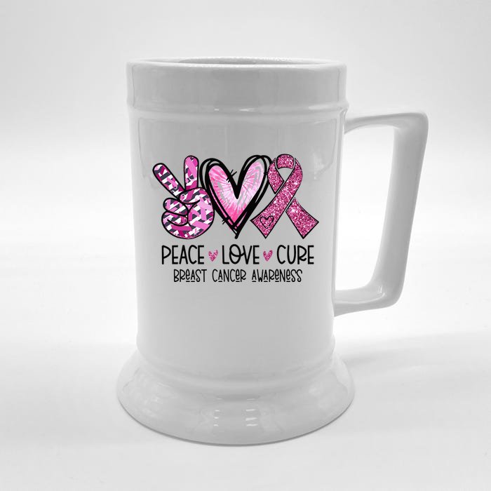 Peace Love Cure Pink Ribbon Cancer Breast Awareness Front & Back Beer Stein