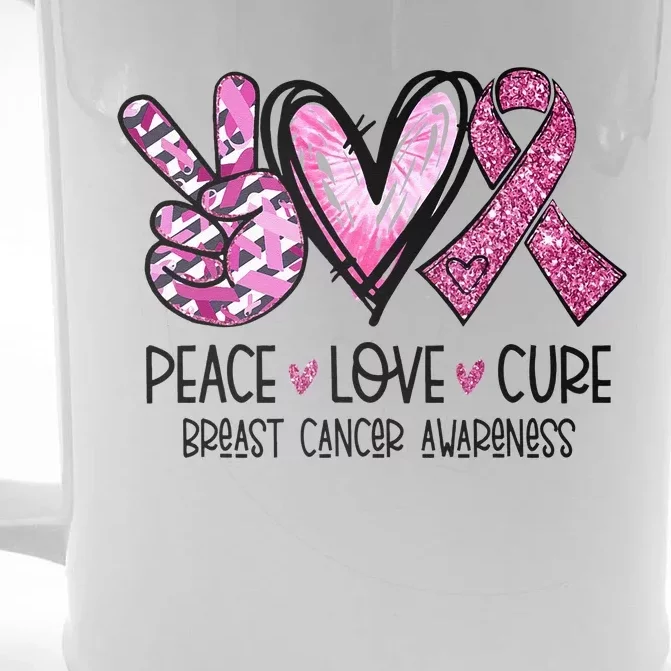 Peace Love Cure Pink Ribbon Cancer Breast Awareness Front & Back Beer Stein