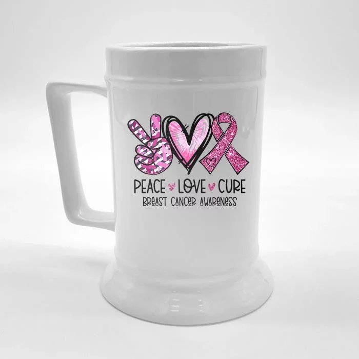 Peace Love Cure Pink Ribbon Cancer Breast Awareness Front & Back Beer Stein