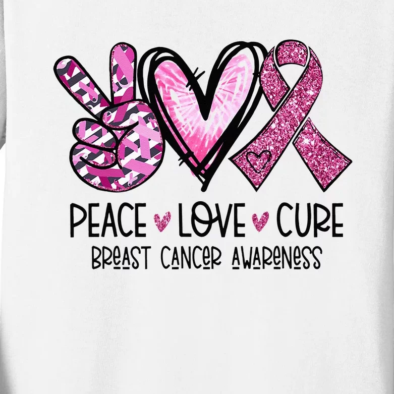 Peace Love Cure Pink Ribbon Cancer Breast Awareness Kids Long Sleeve Shirt