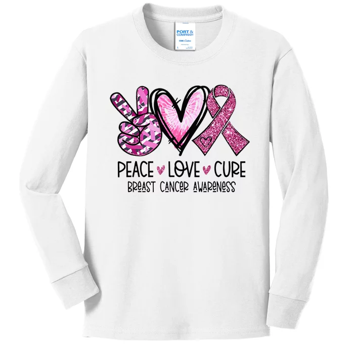 Peace Love Cure Pink Ribbon Cancer Breast Awareness Kids Long Sleeve Shirt