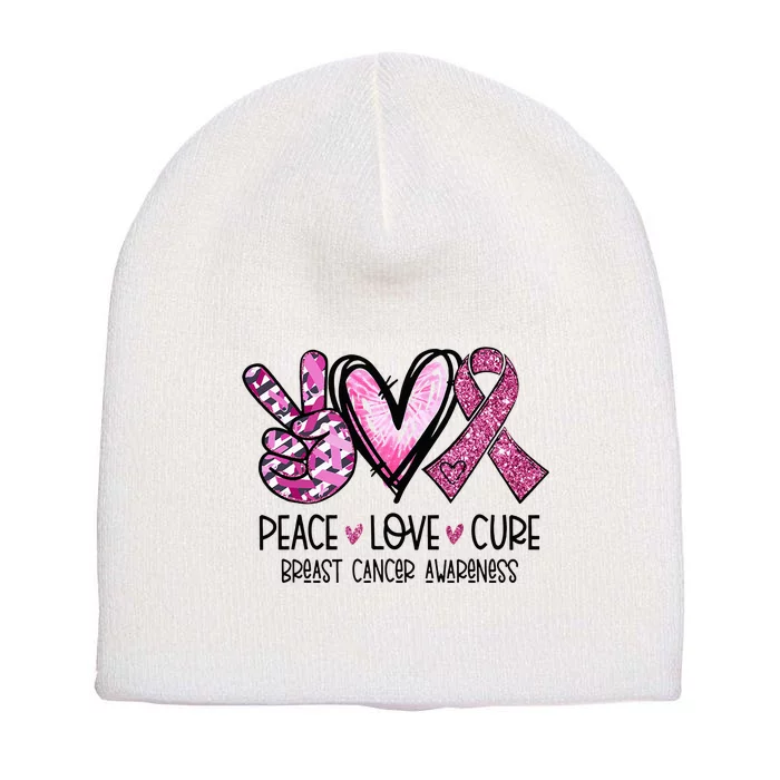 Peace Love Cure Pink Ribbon Cancer Breast Awareness Short Acrylic Beanie