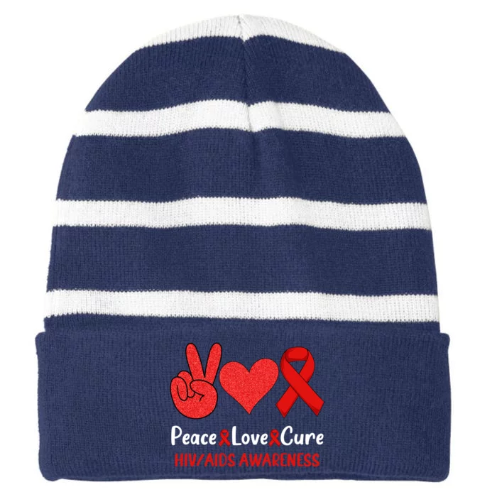 Peace Love Cure World Aids Day HIV/AIDS Awareness Striped Beanie with Solid Band