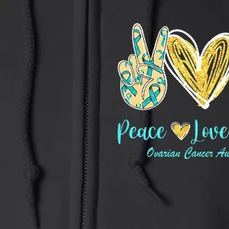 Peace Love Cure Teal Ribbon Ovarian Cancer Awareness Full Zip Hoodie