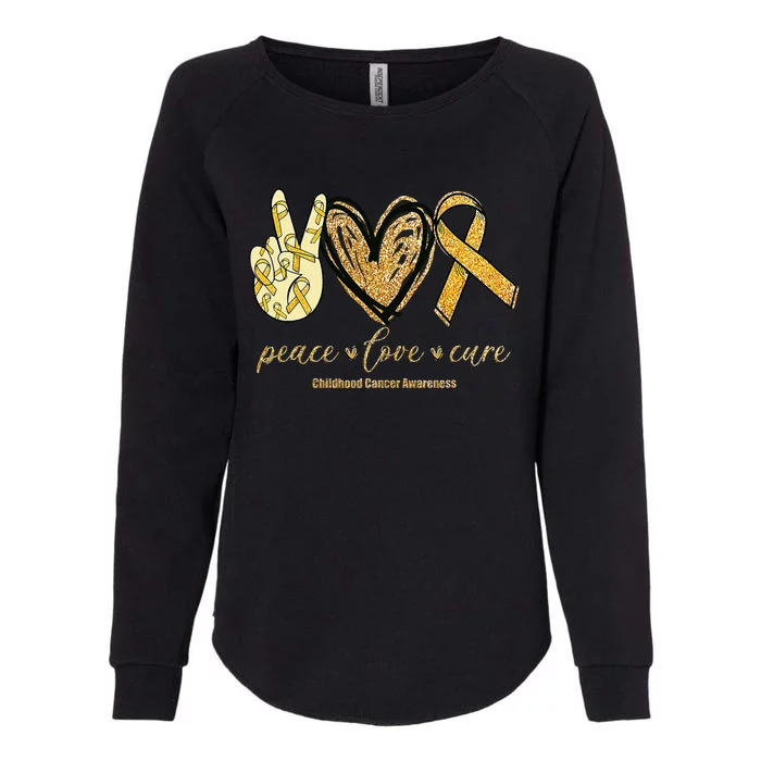 Peace Love Cure Childhood Cancer Awareness Gold Ribbon Womens California Wash Sweatshirt