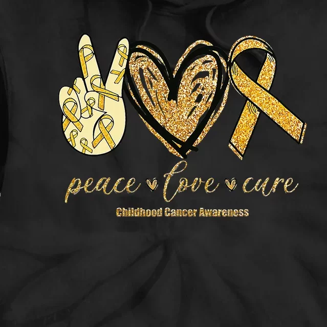 Peace Love Cure Childhood Cancer Awareness Gold Ribbon Tie Dye Hoodie