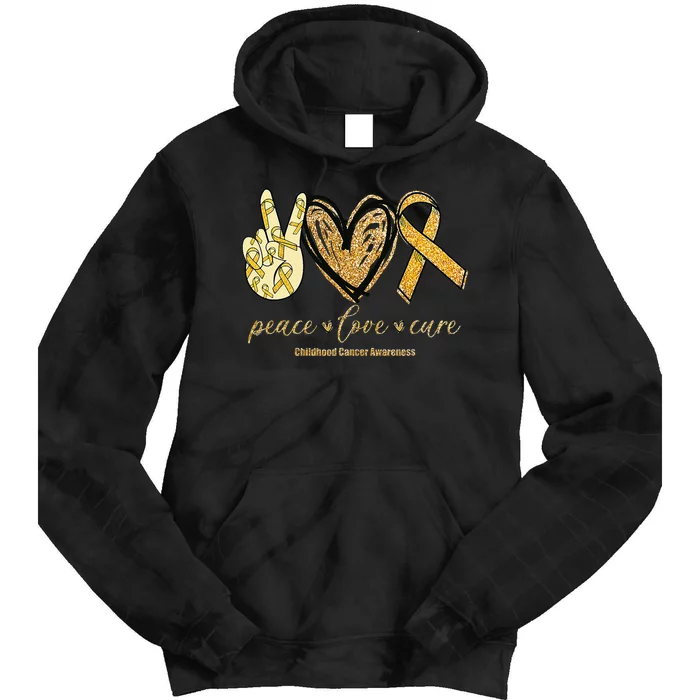 Peace Love Cure Childhood Cancer Awareness Gold Ribbon Tie Dye Hoodie