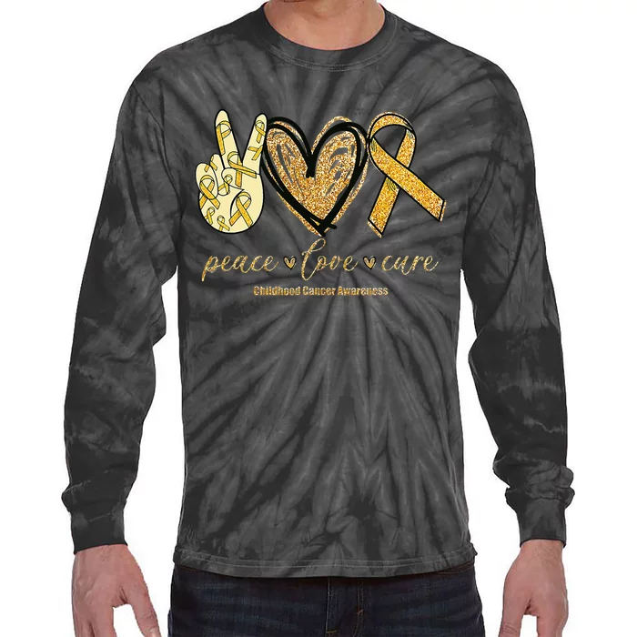 Peace Love Cure Childhood Cancer Awareness Gold Ribbon Tie-Dye Long Sleeve Shirt