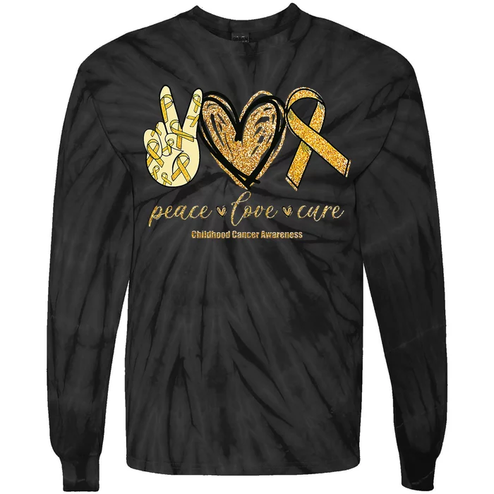 Peace Love Cure Childhood Cancer Awareness Gold Ribbon Tie-Dye Long Sleeve Shirt