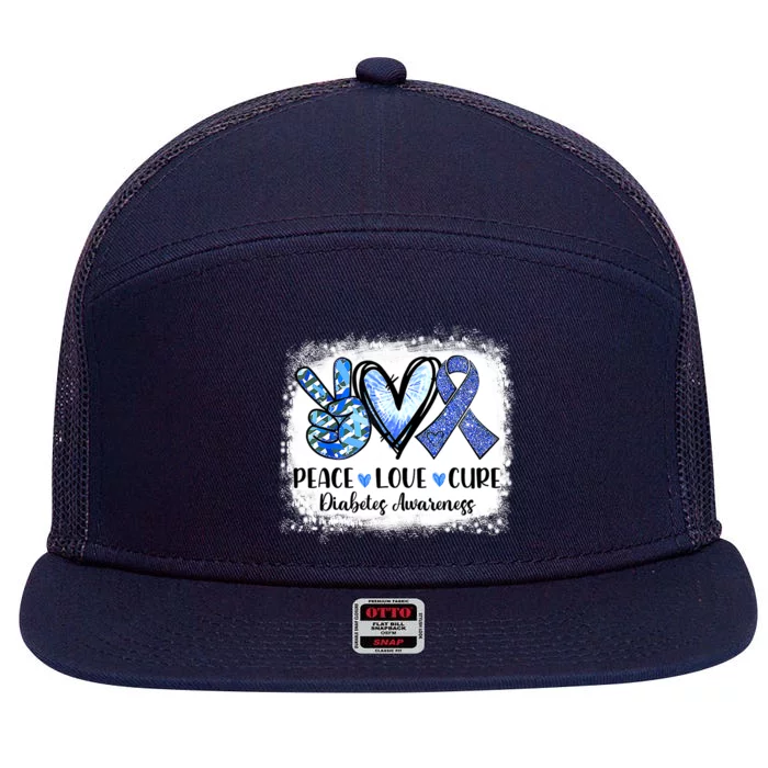 Peace Love Cure Blue Ribbon Type 1 Diabetes Awareness T1D 7 Panel Mesh Trucker Snapback Hat