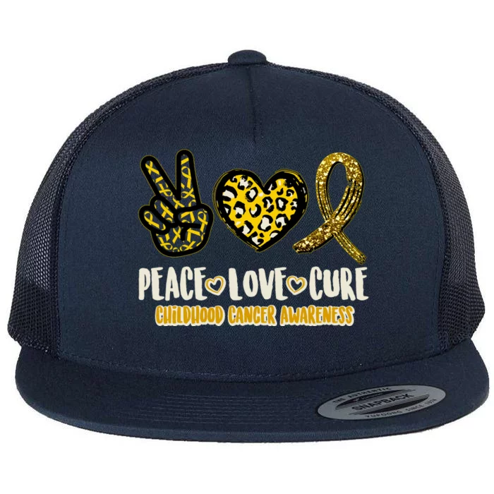 Peace Love Cure Childhood Cancer Awareness Flat Bill Trucker Hat