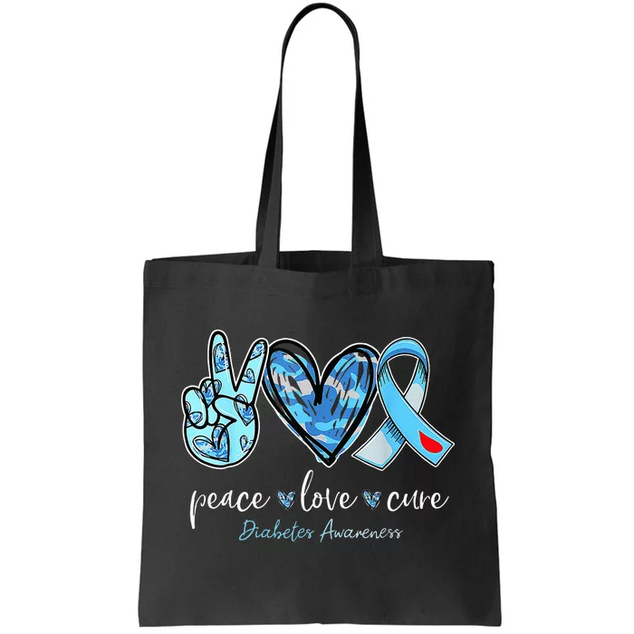 Peace Love Cure Blue Ribbon Diabetes Awareness Month Tote Bag