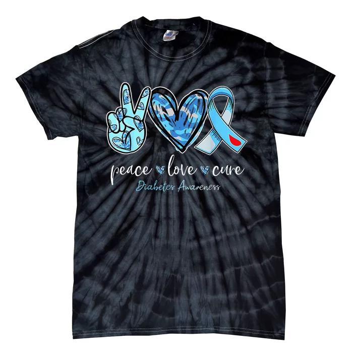 Peace Love Cure Blue Ribbon Diabetes Awareness Month Tie-Dye T-Shirt