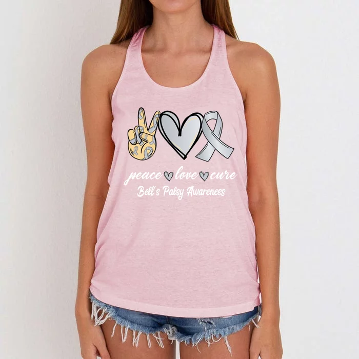 Peace Love Cure Bell's Palsy Silver Ribbon Awareness Gift Women's Knotted Racerback Tank