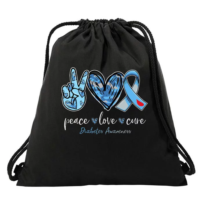 Peace love cure blue ribbon diabetes awareness month Drawstring Bag