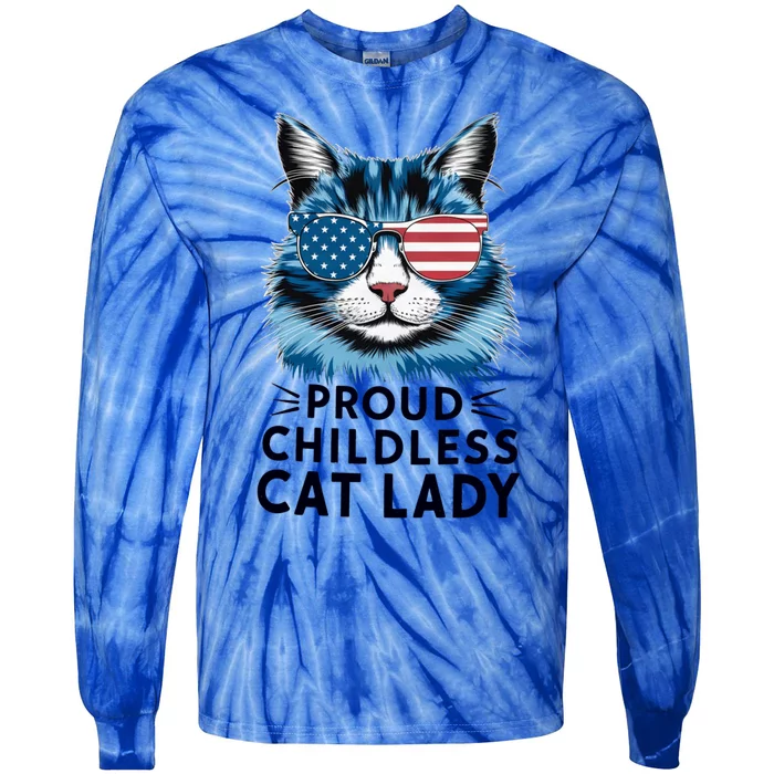 Proud Less Cat Lady Usa Flag Democrat Liberal Gift Tie-Dye Long Sleeve Shirt