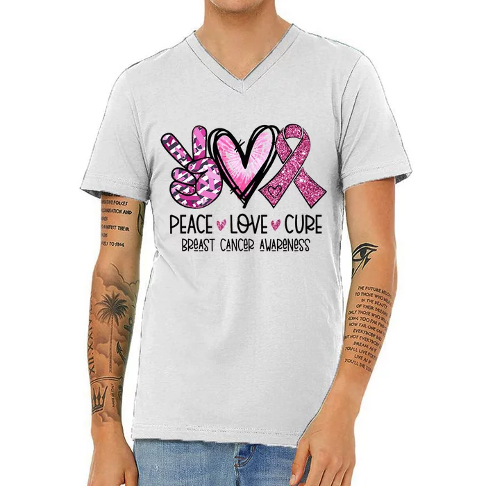 Peace Love Cure Pink Ribbon Cancer Breast Awareness V-Neck T-Shirt