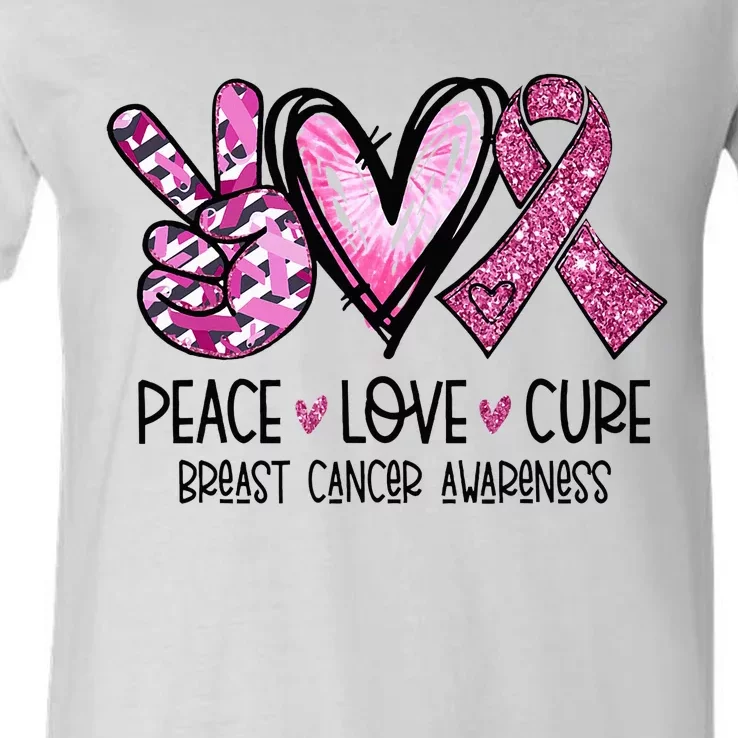 Peace Love Cure Pink Ribbon Cancer Breast Awareness V-Neck T-Shirt