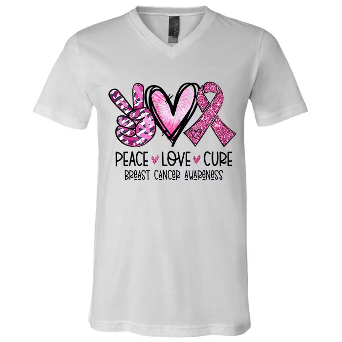 Peace Love Cure Pink Ribbon Cancer Breast Awareness V-Neck T-Shirt