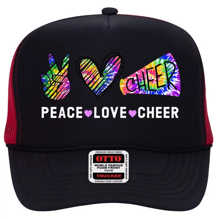 Peace Love Cheer Tie Dye Cheerleading for Cheerleader Cute High Crown Mesh Trucker Hat