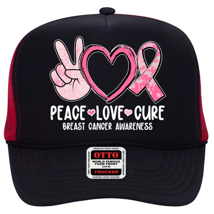 Peace Love Cure Breast Cance Awareness High Crown Mesh Trucker Hat