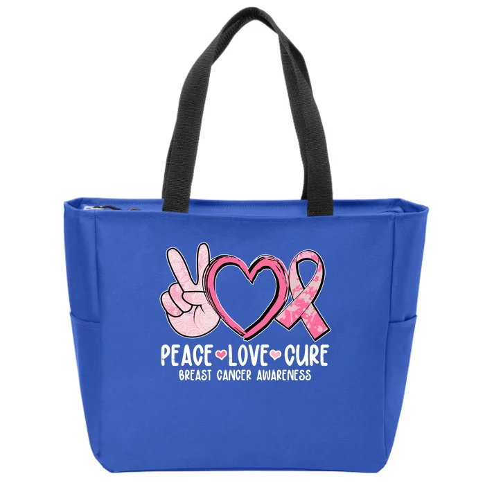 Peace Love Cure Breast Cance Awareness Zip Tote Bag