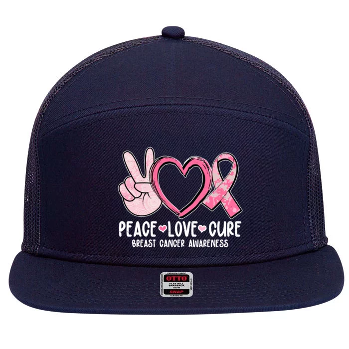 Peace Love Cure Breast Cance Awareness 7 Panel Mesh Trucker Snapback Hat