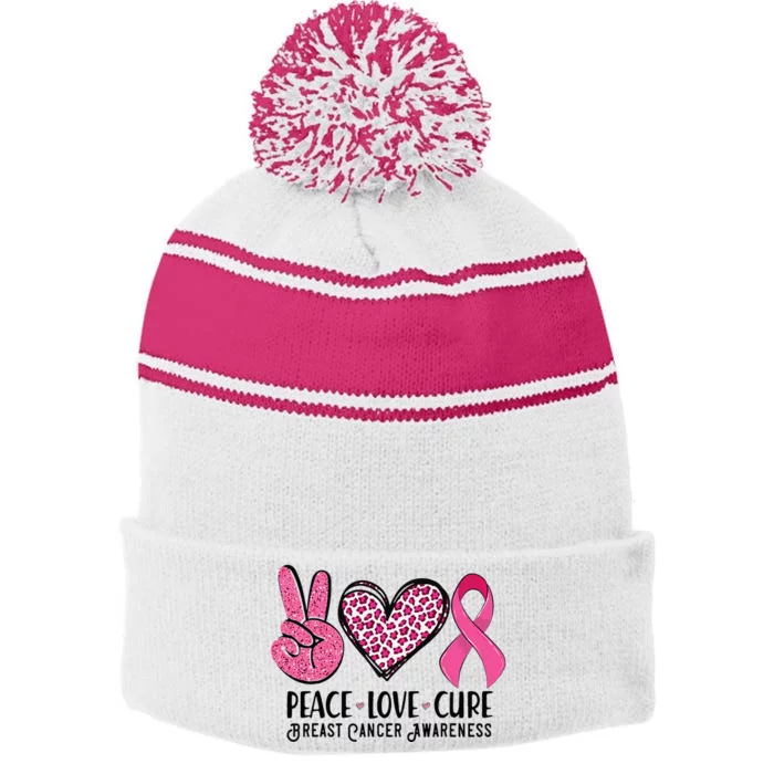 Peace Love Cure Breast Cancer Awareness Warrior Pink Ribbon Stripe Pom Pom Beanie