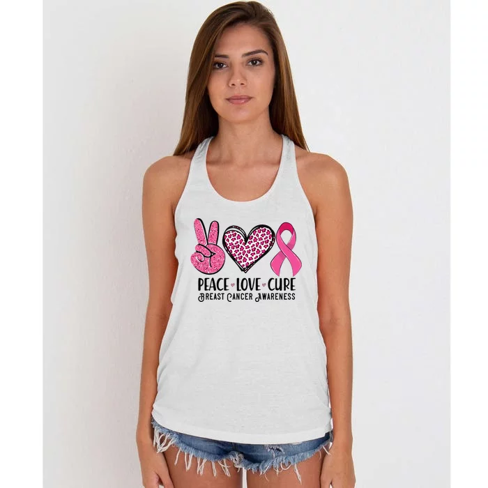 Peace Love Cure Breast Cancer Awareness Warrior Pink Ribbon Women's Knotted Racerback Tank