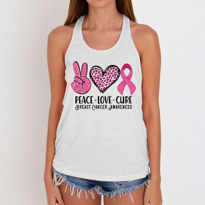 Peace Love Cure Breast Cancer Awareness Warrior Pink Ribbon Women's Knotted Racerback Tank