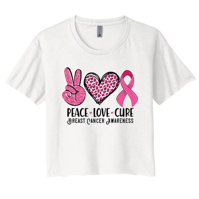 Peace Love Cure Breast Cancer Awareness Warrior Pink Ribbon Women's Crop Top Tee