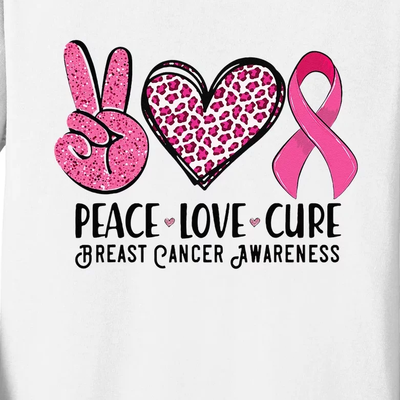 Peace Love Cure Breast Cancer Awareness Warrior Pink Ribbon Kids Long Sleeve Shirt