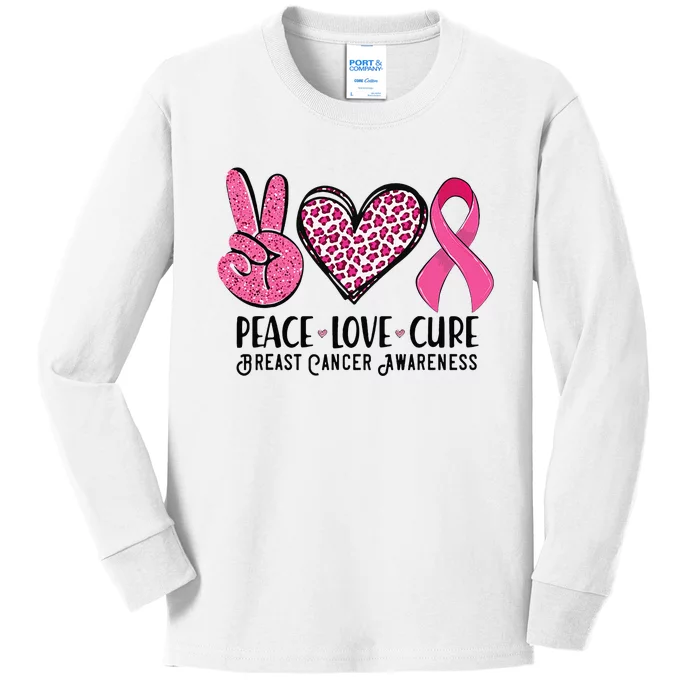 Peace Love Cure Breast Cancer Awareness Warrior Pink Ribbon Kids Long Sleeve Shirt