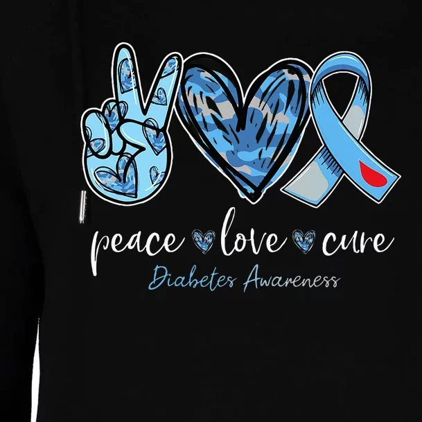 Peace love cure blue ribbon diabetes awareness month Womens Funnel Neck Pullover Hood