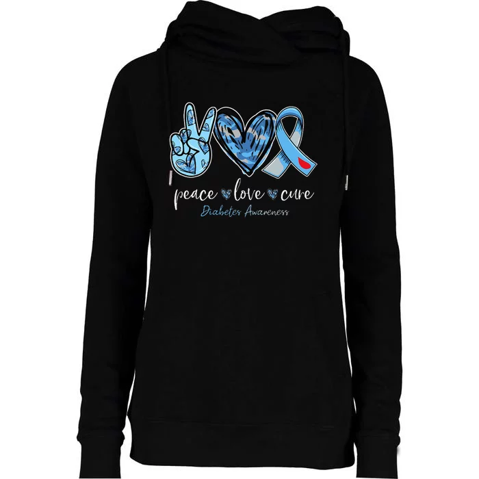 Peace love cure blue ribbon diabetes awareness month Womens Funnel Neck Pullover Hood