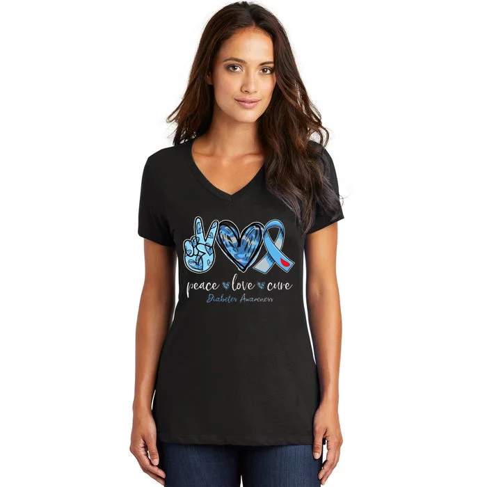 Peace love cure blue ribbon diabetes awareness month Women's V-Neck T-Shirt