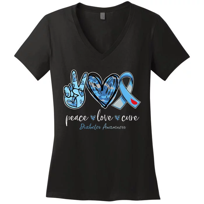 Peace love cure blue ribbon diabetes awareness month Women's V-Neck T-Shirt