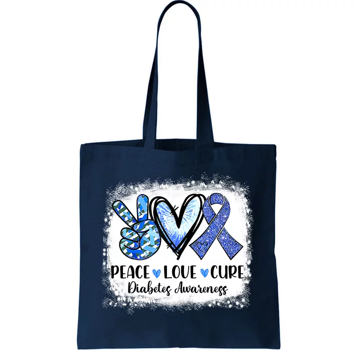 Peace Love Cure Diabetes Awareness Blue Ribbon Tote Bag