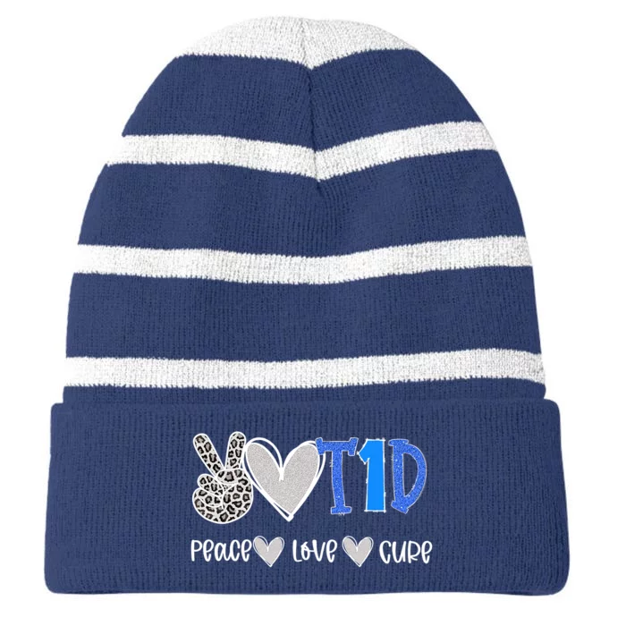 Peace Love Cure Type 4 Diabetes Awareness T4D Blue Ribbon Striped Beanie with Solid Band